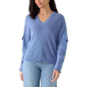 NWT DKNY Women's V-Neck Sleeve Pocket Athletic Sweater XL Blue Sporty